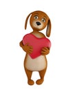 A cute lover valentine cartoon dog with a red heart isolated on white background. 3d render