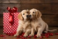 A cute lover valentine puppy dog couple with a gift box