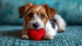 Cute lover Valentine puppy dog lying with a red heart, isolated on blue background