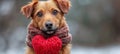 Cute lover Valentine puppy dog lying with a red heart, isolated on grey background