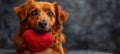 Cute lover Valentine puppy dog lying with a red heart, isolated on grey background