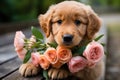 A cute lover valentine puppy dog with flowers love card concept