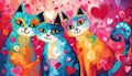 Cute cats in love or best friends painting in bright colors