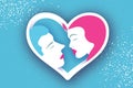 Cute Loving couple. Kissing. People profile. Beautiful Man and pink hair woman. Heart Frame. Holidays and celebration on