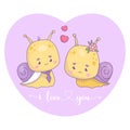 Cute loving couple snails girl and boy with heart. Valentines card I love you. Funny cartoon insects kawaii characters Royalty Free Stock Photo