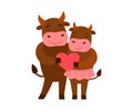 Cute loving cows together. Bull man and cow woman hold heart symbol of love. Family of cows. Vector cartoon illustration Royalty Free Stock Photo