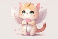 Cute and loving cupid cat with wings. Kawaii illustration for valentine\'s card Generative AI Royalty Free Stock Photo