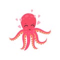 Cute loving octopus surrounded by pink hearts. Funny cartoon character of sea animal. Flat vector design for social Royalty Free Stock Photo