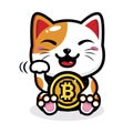 Cute lucky cat animal cartoon character holding bitcoin coin