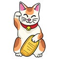 Cute lucky cat with coin vector. Hand drawn maneki neko traditional clipart