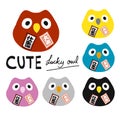 Cute lucky owl many color with Japanese word lucky and success illustration