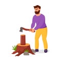 Cute lumberjack holding axe. Lumberman cuts a log. The concept of camping, outdoor recreation. Flat vector illustration.