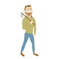 Cute lumberjack walking with axe. Flat vector illustration isolatd on white backhround. Illustration for kids from