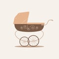 Cute luxury unisex baby stroller in beige and brown colors on light background. Transport to care for infant and walks.Raster flat