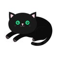 Cute lying black cartoon cat with moustache whisker. Funny character. White background. Isolated. Flat design. Royalty Free Stock Photo