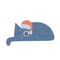 Cute lying cat in Santa Claus hat. Freehand isolated element. Vector flat Illustration. Only 5 colors - Easy to recolor.