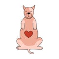 A cute lying dog with a heart on its belly. Dog icon. Vector illustration in doodle style