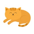 Cute lying sleeping orange cat with moustache whisker. Funny cartoon character. White background. Isolated. Flat design. Royalty Free Stock Photo