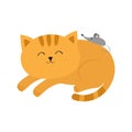 Cute lying sleeping orange cat with moustache whisker. Little mouse. Animal friends. Funny cartoon character couple. White Royalty Free Stock Photo