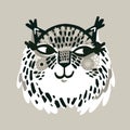 Cute lynx portrait with decorative abstract elements in monochrome