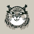 Cute lynx portrait with decorative abstract elements in monochrome