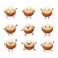 Cute macadamia nuts characters set with different emitions vector illustration.