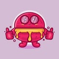 Cute macaron bakery character mascot with thumb up hand gesture isolated cartoon in flat style design