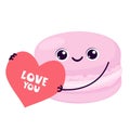 Cute macaron holding a heart with the inscription I love you. Cake with a face and handles. Illustration for