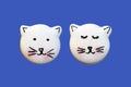 Cute macarons in a shape of cats isolated on blue background Royalty Free Stock Photo
