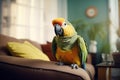 Cute Macaw Parrot Bird in Living Room