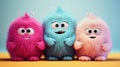 cute magenta, blue and pink furry monsters side by side
