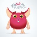 Cute magenta monster rabbit with big ears. Fun spooky fat character isolated on light background. Silly cartoon alien