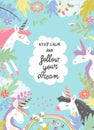 Cute magic frame composed of unicorns and flowers