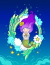 Cute magic mermaid with starfish, and long violet hair, surrounded by clouds, seaweeds.