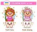 Cute magic tooth fairy, princess elf butterfly with cleaning mouth toothbrush. Children coloring book page. Education game. Vector