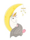 Cute magic unicorn asleep on the moon under the blanket, vector illustration.