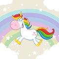 Cute Magic Unicorn Cartoon Mascot Character Running Around Rainbow With Clouds Royalty Free Stock Photo