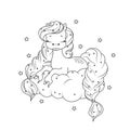 Cute magic unicorn with long hair sleeps on cloud amongst stars. Coloring page for kids.