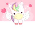 Cute magic unicorn on pink background with hearts with a banner. Children`s character. Royalty Free Stock Photo