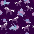 Cute magic Unicorns on a floral background. Vector Romantic hand drawing illustration. Seamless pattern