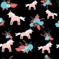 Cute magic Unicorns on a floral background. Vector Romantic hand drawing illustration