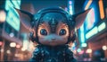 cute magical creature with huge shiny eyes on the background of a night street with lanterns. high detail, fabulous light, Royalty Free Stock Photo