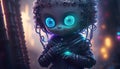 cute magical creature with huge shiny eyes on the background of a night street with lanterns. high detail, fabulous light, Royalty Free Stock Photo