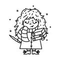 Cute magical girl. Simple vector icon. A little witch in a scarf and robe holds books and a magic wand in her hands