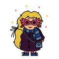 Cute magical girl. Simple vector icon. Loony blonde. A little witch in a blue and gray scarf, funny pink glasses