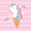 Cute magical ice cream head unicorn rainbow dream cartoon