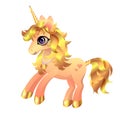 Cute magical little unicorn with golden mane and hooves. The image is isolated on a white background.