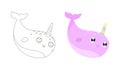 Cute magical narwhal vector illustration. Flat design. Royalty Free Stock Photo