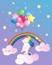 Cute magical rainbow unicorn with balloons, rainbow, clouds and stars. Cartoon vector print for kids Royalty Free Stock Photo