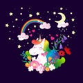 Cute magical rainbow unicorn with flowers print. Decoration vector image